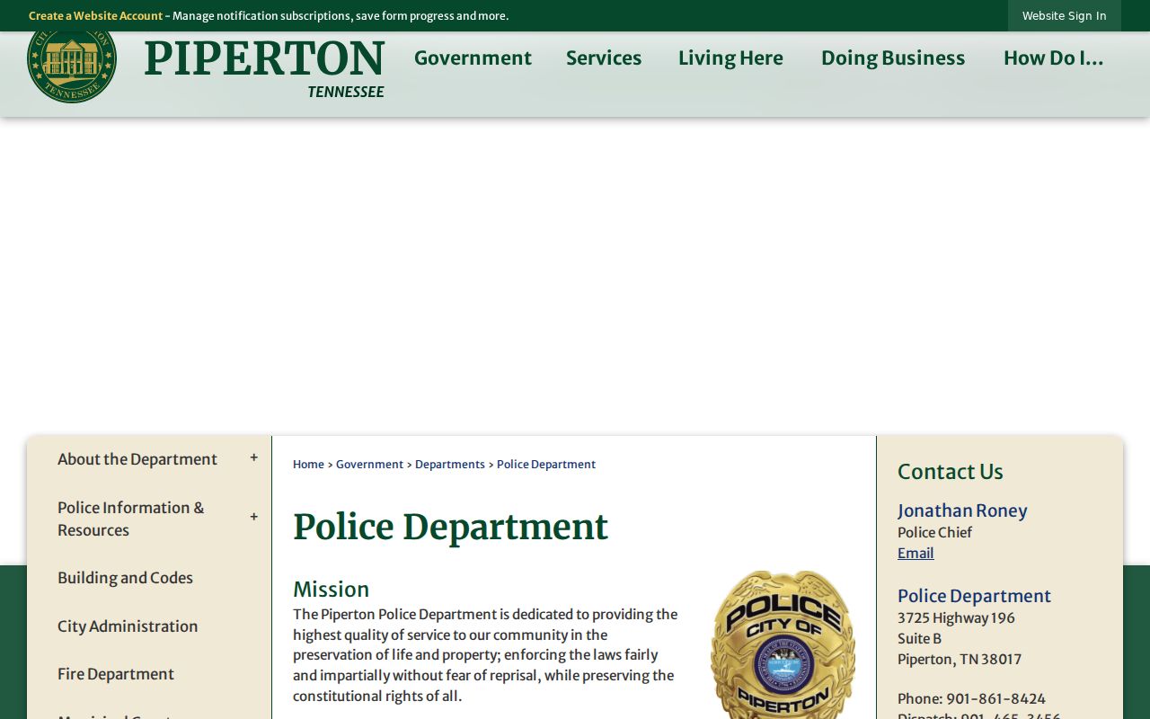 Piperton Police Department contact page, separate from municipal court records in Fayette County