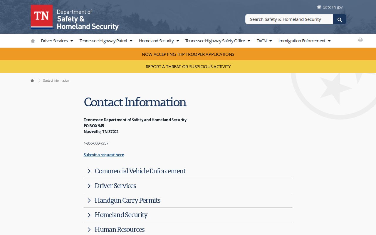 Tennessee driver-license reinstatement contact page, separate from a Fayette County traffic warrant search
