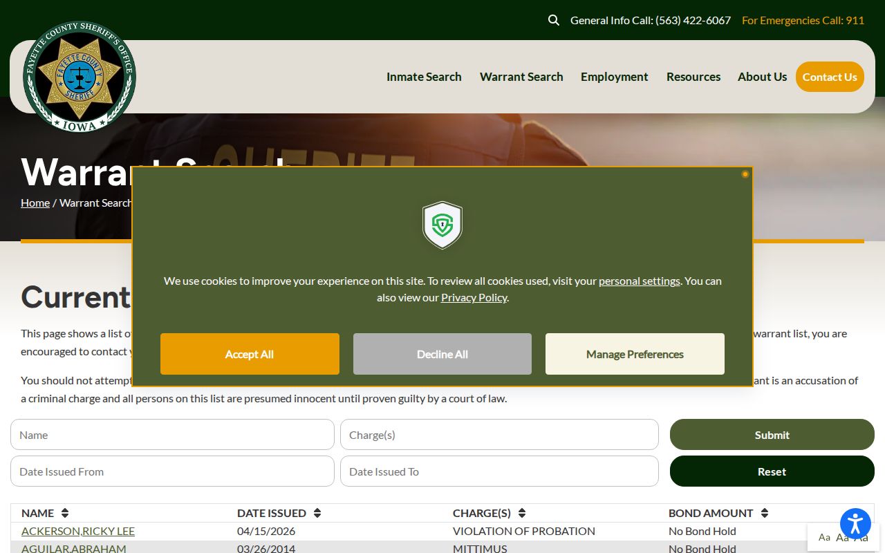 Fayette County warrant search controls and public disclaimer